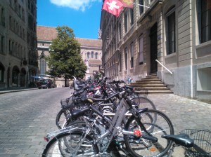 Lots of Swiss ride bikes and scooters