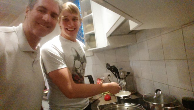 Chris and I cooking in our kitchen