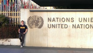 Chris at the gate of Geneva's United Nations headquarters