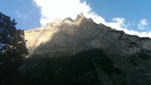 View of the stone spires of Jungfrau from below in the valley